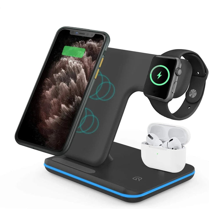 Kabellose 3-in-1 Schnellladestation für iPhone, Apple Watch und AirPods.