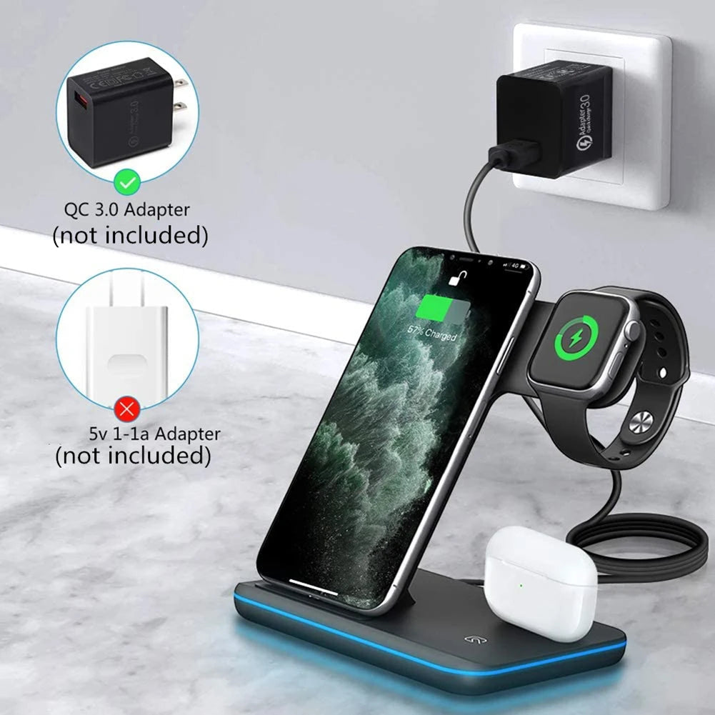 Seitenansicht der kabellosen Schnellladestation für iPhone, Apple Watch, AirPods.