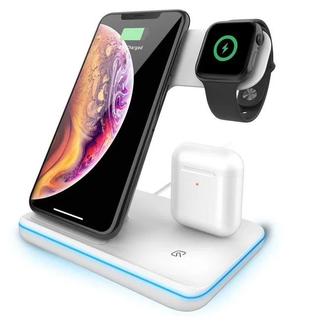 Elegante Mehrfachladestation für iPhone, Apple Watch und AirPods, kabellos & schnell.