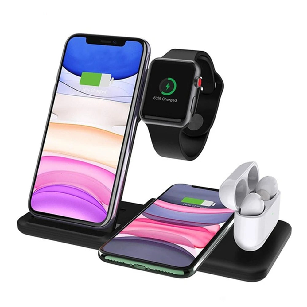 iPhone, Apple Watch und AirPods gleichzeitig kabellos schnell laden auf schwarzer Station.