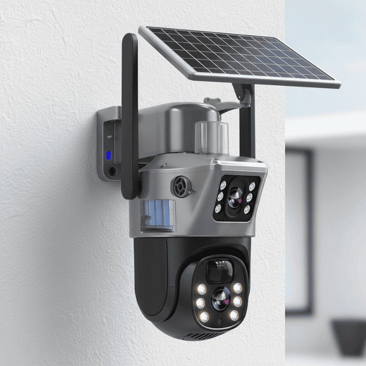 Kabellose 4K Sicherheitskamera mit Solarpanel, ideal für 360° Außenüberwachung und Smart Home Sicherheit.