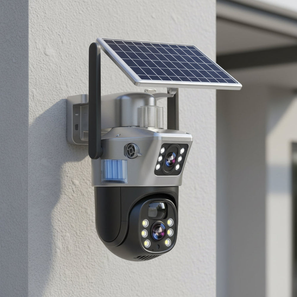 Wetterfeste 4K Überwachungskamera mit 360° Schwenkfunktion, Solarstrom und Bewegungserkennung für Ihr Zuhause.