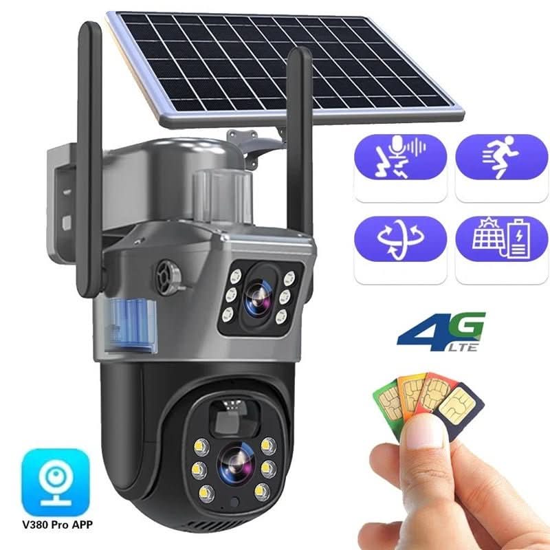Solarbetriebene 4K WiFi Außenkamera mit 360 Grad Überwachung, Nachtsicht & kabelloser Installation für sichere Hausüberwachung.