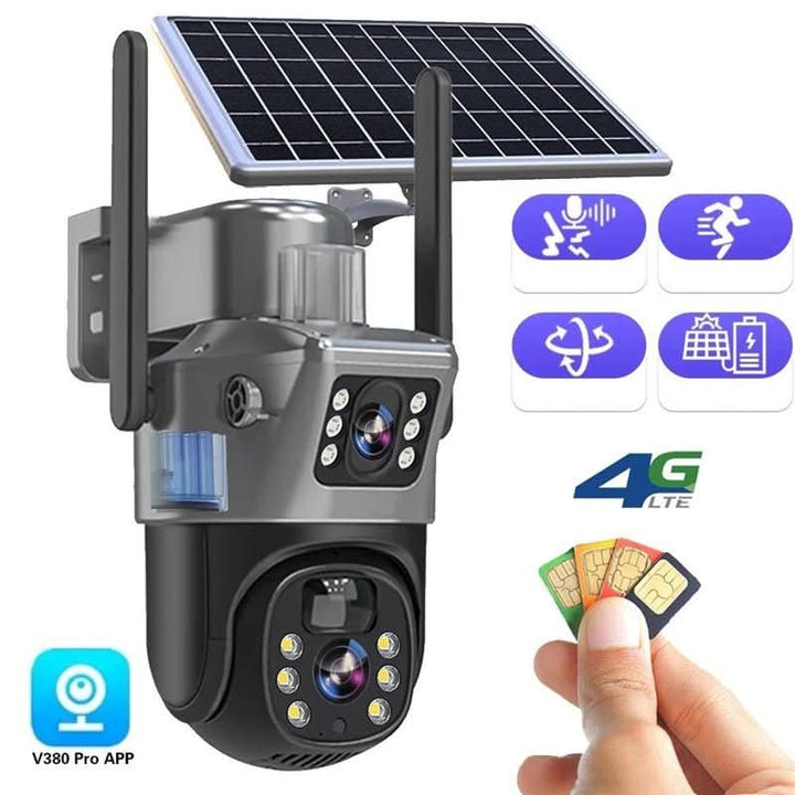 Solarbetriebene 4K WiFi Außenkamera mit 360 Grad Überwachung, Nachtsicht & kabelloser Installation für sichere Hausüberwachung.