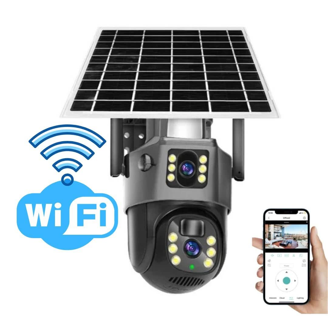 Robuste kabellose 4K Sicherheitskamera mit Solarpanel für 360° Außenbereich; wetterfest, mit 4G & Zoomfunktion.