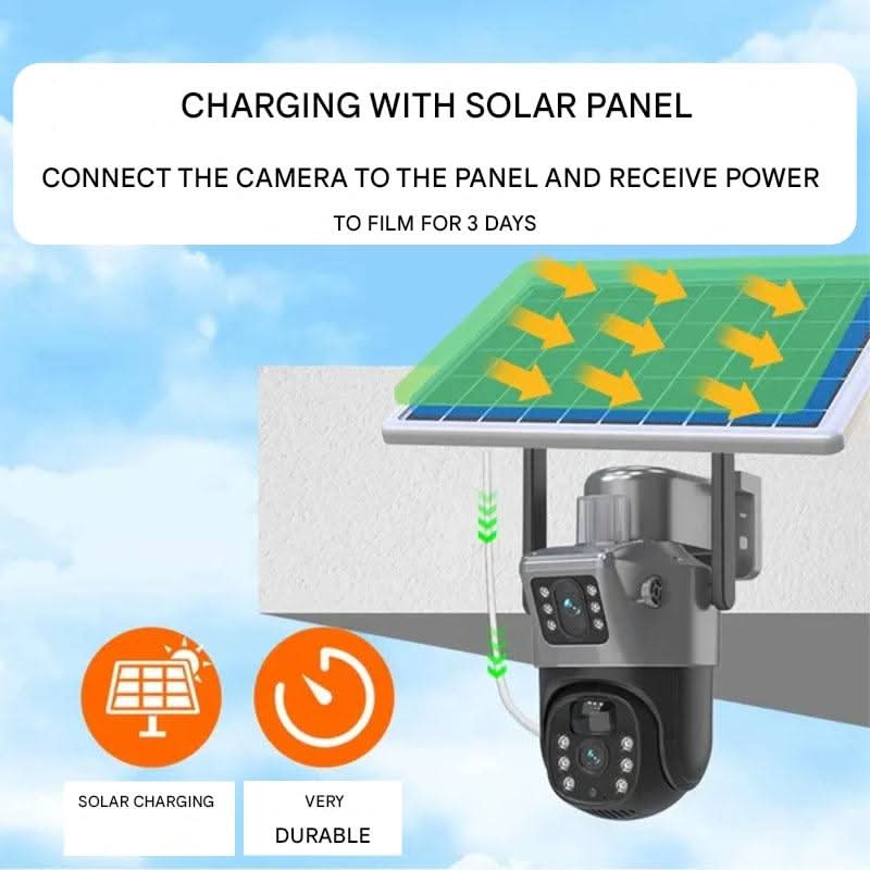 Kabellose 4K Außenkamera mit Solar und 360 Grad Pan/Tilt. Perfekt für hochauflösende Überwachung bei Tag und Nacht.