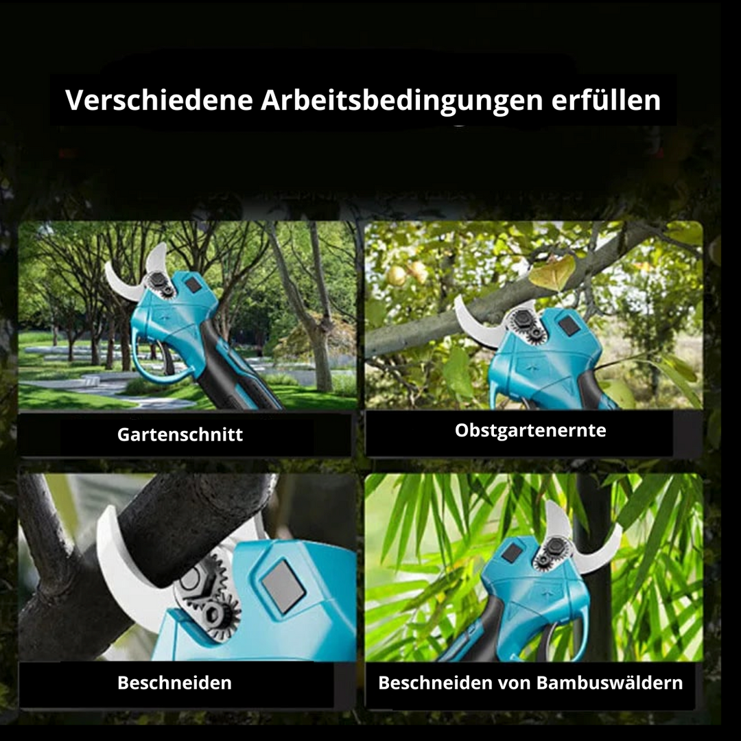 Detailansicht der scharfen SK5-Klinge der Elektro-Astschere für präzise und saubere Schnitte.