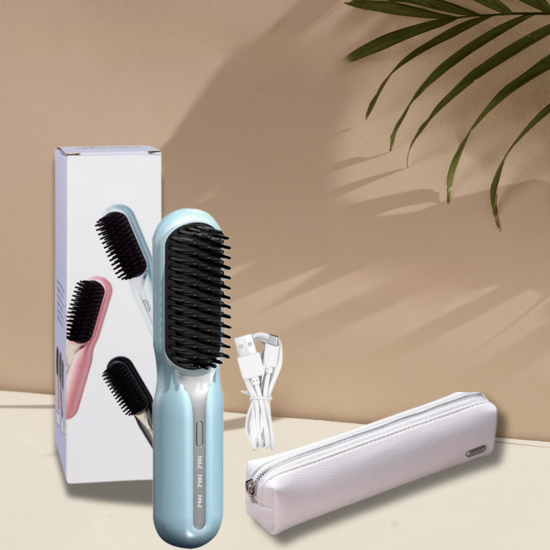 Kabellose Glättbürste in eleganter Verpackung. Perfektes Geschenk für schnelles, glänzendes Haarstyling. Beauty.