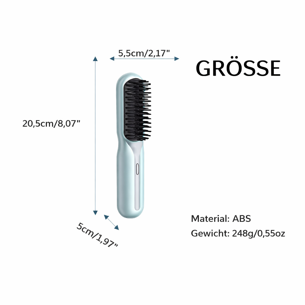 Kompakte kabellose Glättbürste für unterwegs. Schnelles, glänzendes Haarstyling mit Akku-Komfort. Reise-Haarglätter.