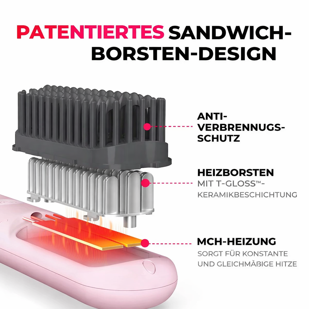 Detail der Heizborsten der kabellosen Glättbürste, sanft für glänzendes Haar. Effizientes, schnelles Stylinggerät.