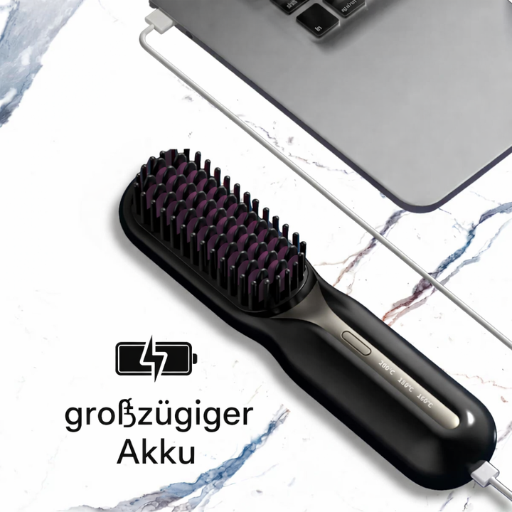 Kabellose Glättbürste lädt via USB, bereit für schnelles, glänzendes Haarstyling. Tragbares Stylinggerät mit Akku.