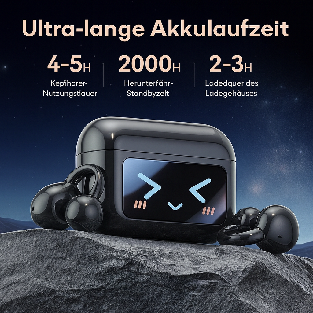 Elegante, kabellose KlangBuddz Ohrhörer für federleichten Komfort und immersiven Studio-Klang unterwegs.