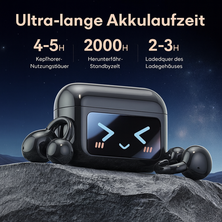 Elegante, kabellose KlangBuddz Ohrhörer für federleichten Komfort und immersiven Studio-Klang unterwegs.