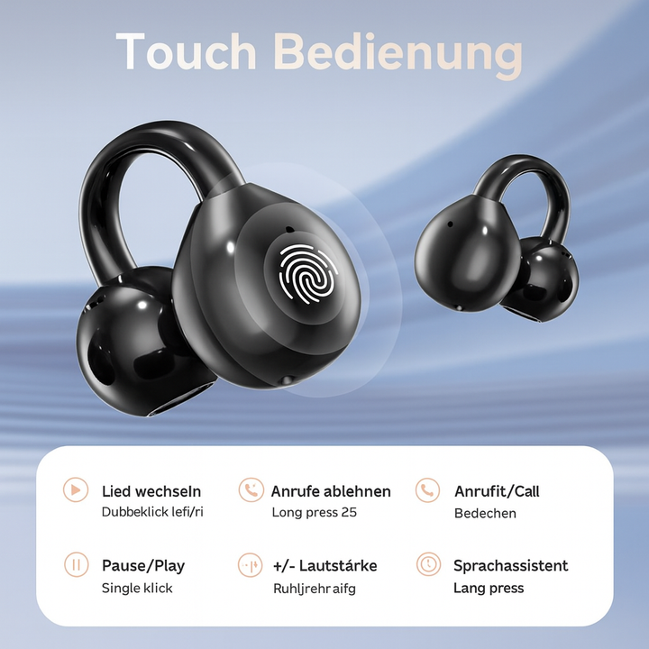 Person trägt kabellose KlangBuddz Touch Ohrhörer, genießt 360-Grad-Sound beim Sport oder Pendeln.