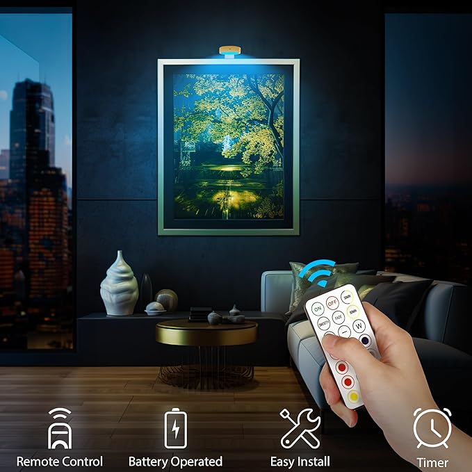 Elegante LED Bilderleuchte, kabellos dimmbar, mit schlankem Design, ideal als Kunst-Wandleuchte.