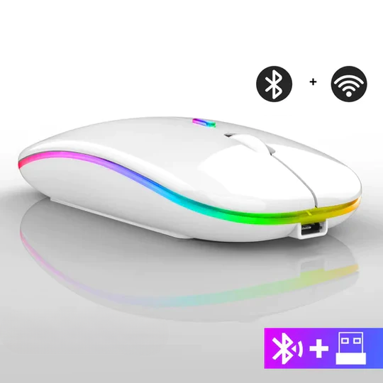 Kompakte kabellose LED Maus, wiederaufladbar, Bluetooth, ideal für unterwegs mit Laptop.