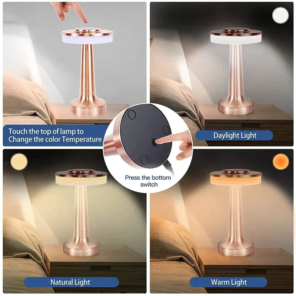 Dimmbare kabellose Tischlampe mit LED, wiederaufladbar für flexibles Licht & modernes Ambiente.