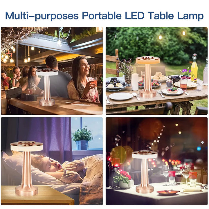 Kompakte kabellose LED Tischlampe, wiederaufladbar, dimmbar für Atmosphäre und Dekoration.