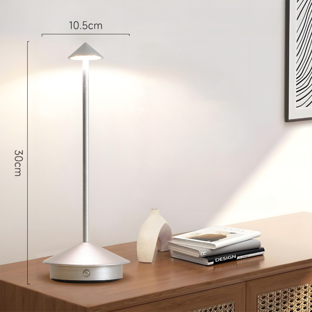 Minimalistische kabellose LED Tischlampe, dimmbar, Akku, schafft gemütliche Atmosphäre überall.