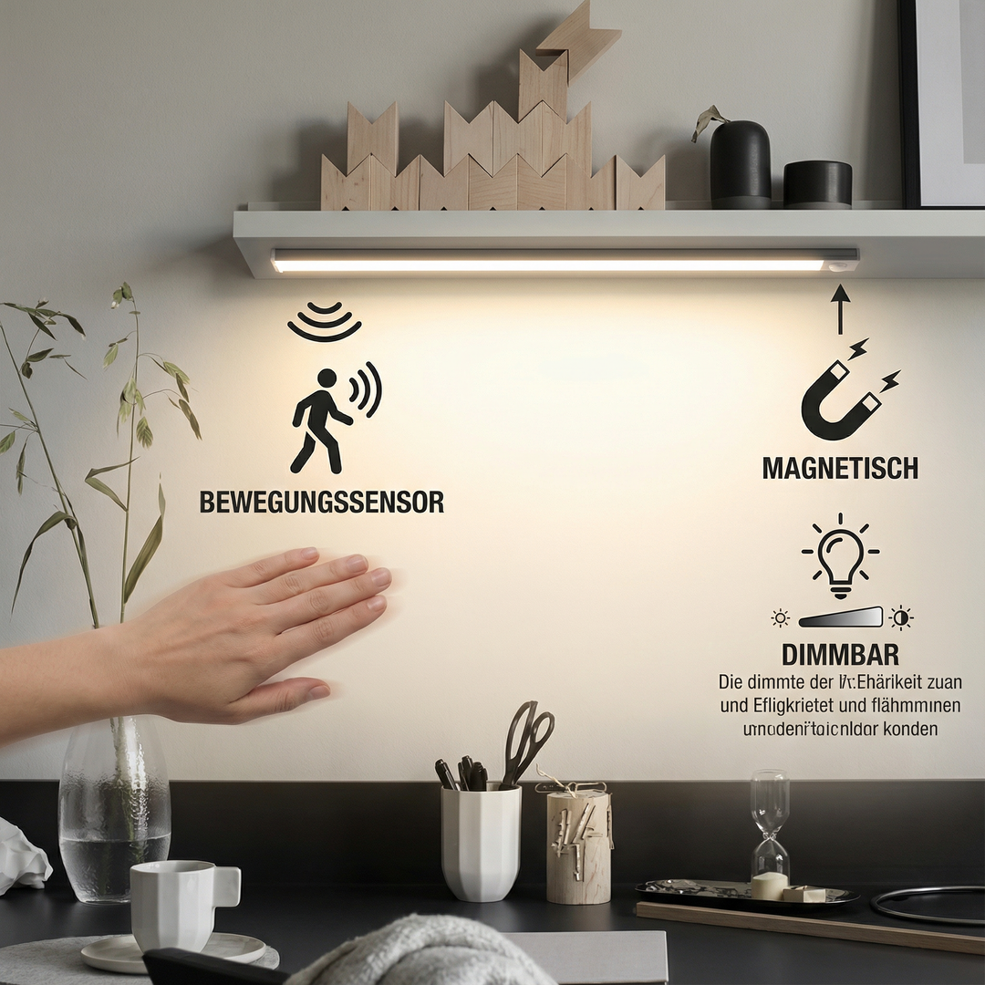 Magnetische LED Unterbauleuchte, kabellos, dimmbar, Bewegungssensor, einfache Montage als Heimbeleuchtung.
