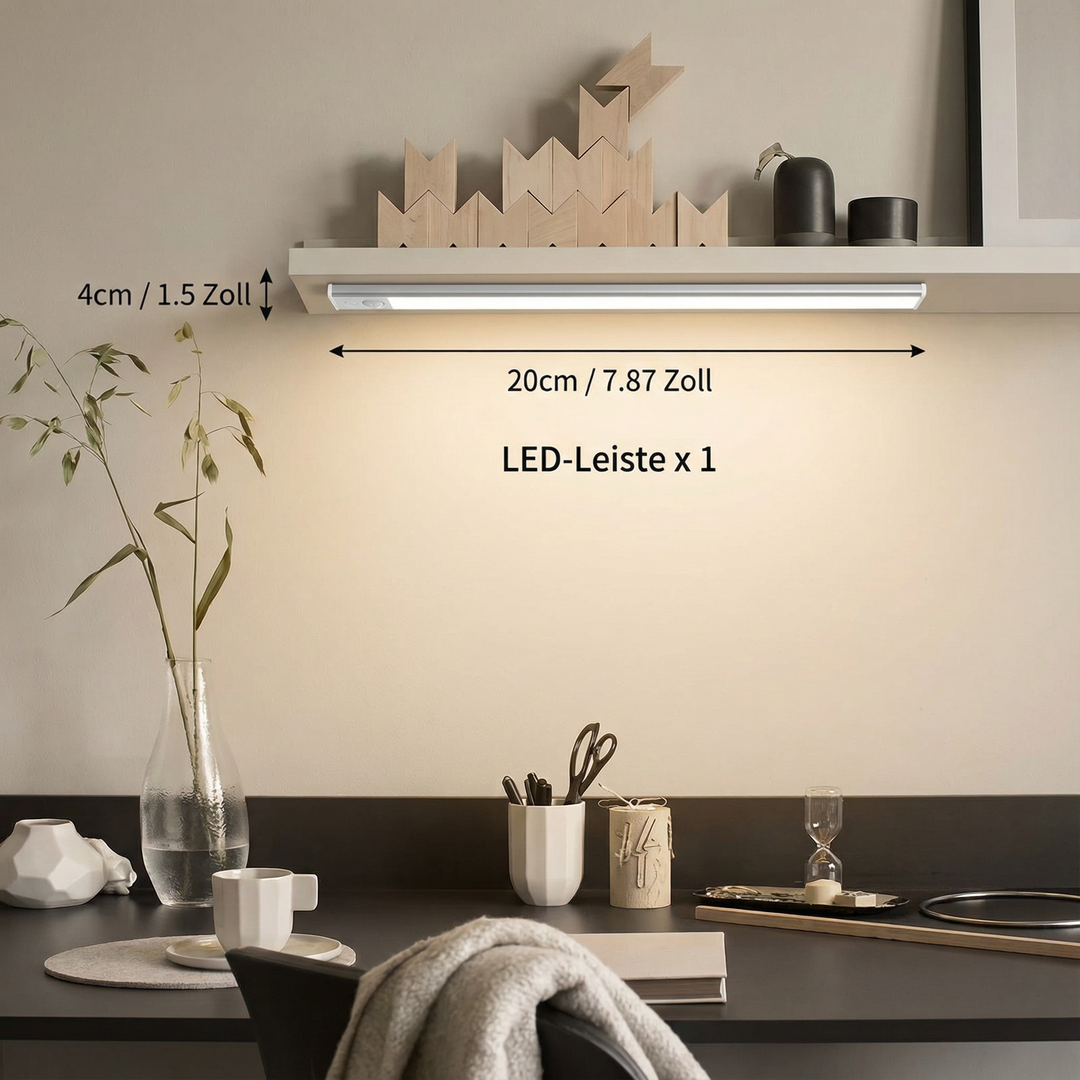 Moderne kabellose LED-Schrankbeleuchtung mit Bewegungssensor, dimmbar, magnetisch haftend, Akku betrieben.