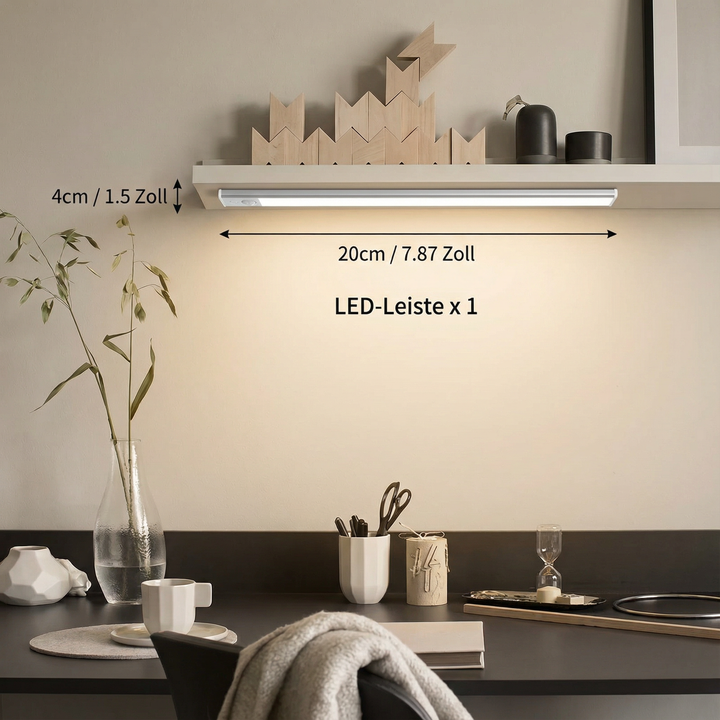 Moderne kabellose LED-Schrankbeleuchtung mit Bewegungssensor, dimmbar, magnetisch haftend, Akku betrieben.