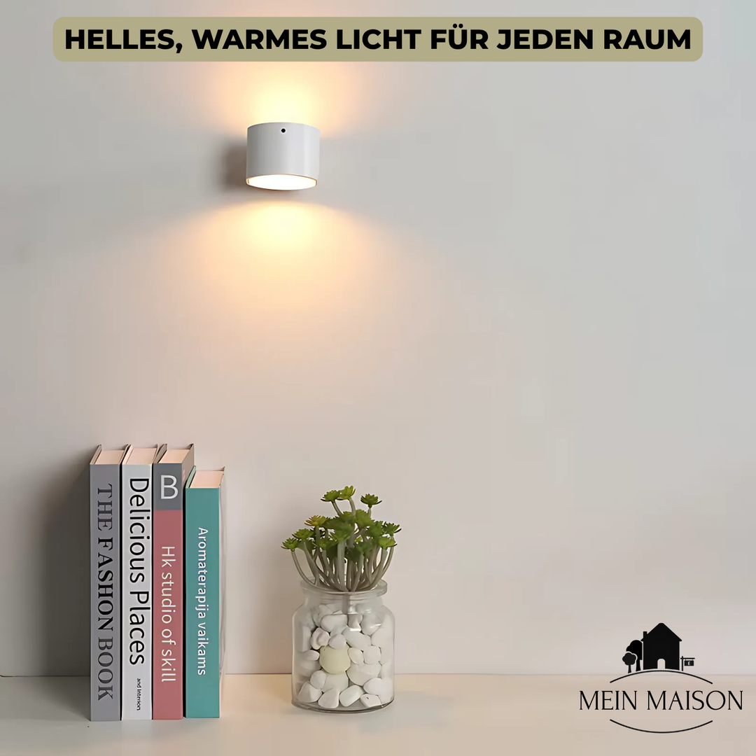 Schwarze kabellose LED Akku Wandleuchte im minimalistischen Skandi-Stil, spendet schönes Ambiente Licht.