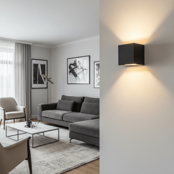 Moderne akkubetriebene LED-Wandleuchte, kabellos, mit anpassbarem Lichtkegel für Wohnzimmer & Schlafzimmer.