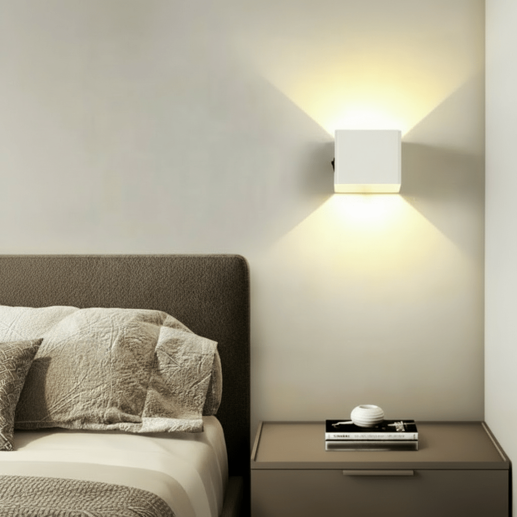 Dekorative kabellose LED-Wandleuchte, USB-aufladbar, mit verstellbarem Lichtkegel für stimmungsvolles Ambiente.