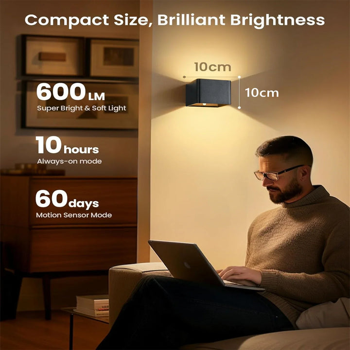 Moderne LED-Wandleuchte kabellos, mit Bewegungssensor und langlebigem Akku, für angenehme Wohnraumbeleuchtung.