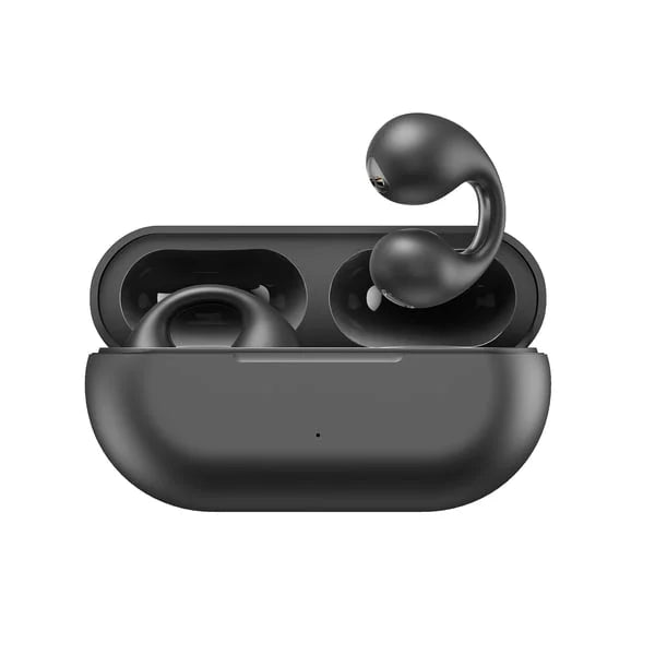 Ideal für Jogger: Schwarze Open-Ear Knochenschall-Sport-Kopfhörer mit Bluetooth, sicher & bequem.