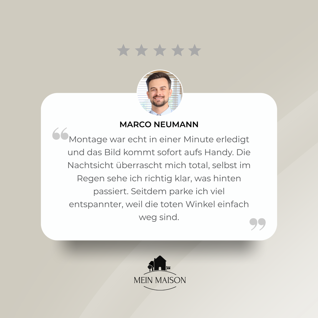 Universelle kabellose Rückfahrkamera für Autos. Weitwinkelobjektiv & einfache Bedienung als KFZ Parkhilfe.
