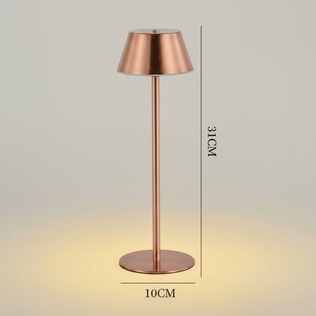 Kompakte Retro LED Tischlampe, kabellos & dimmbar, USB-betrieben, leicht zu platzieren und nutzen.