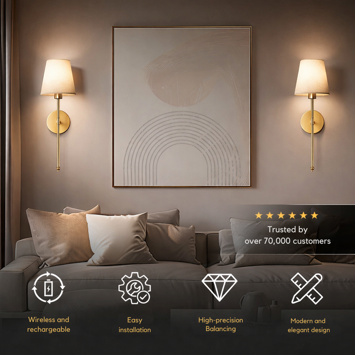 Elegante kabellose Wandleuchten (2er-Set) mit Klebemontage, ideal für stilvolles Licht in Wohn- & Schlafzimmer.