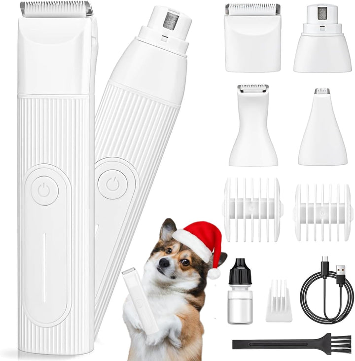 Kabelloser 4-in-1 Tierhaarschneider & Nagelschleifer von Velporo für Hunde und Katzen.