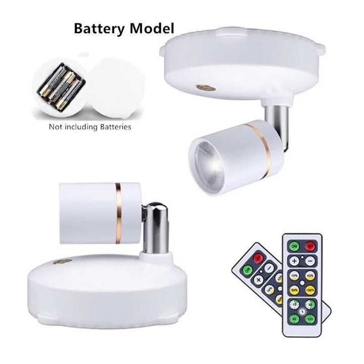 Batteriebetriebener kabelloser LED-Strahler mit Fernbedienung, flexibel montierbar als Schrank- & Regalbeleuchtung.