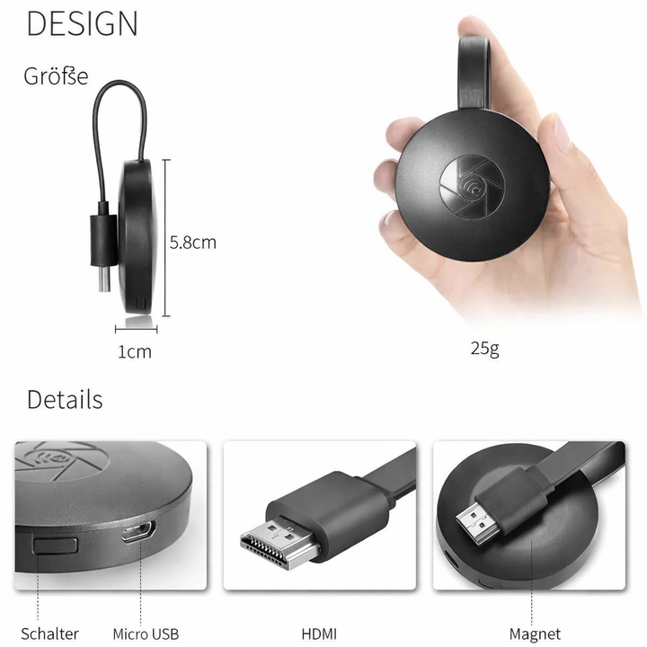 GD Wireless Display HDMI Adapter für Beamer & Smart TV. Full HD Medien-Adapter für AirPlay, Miracast, DLNA.