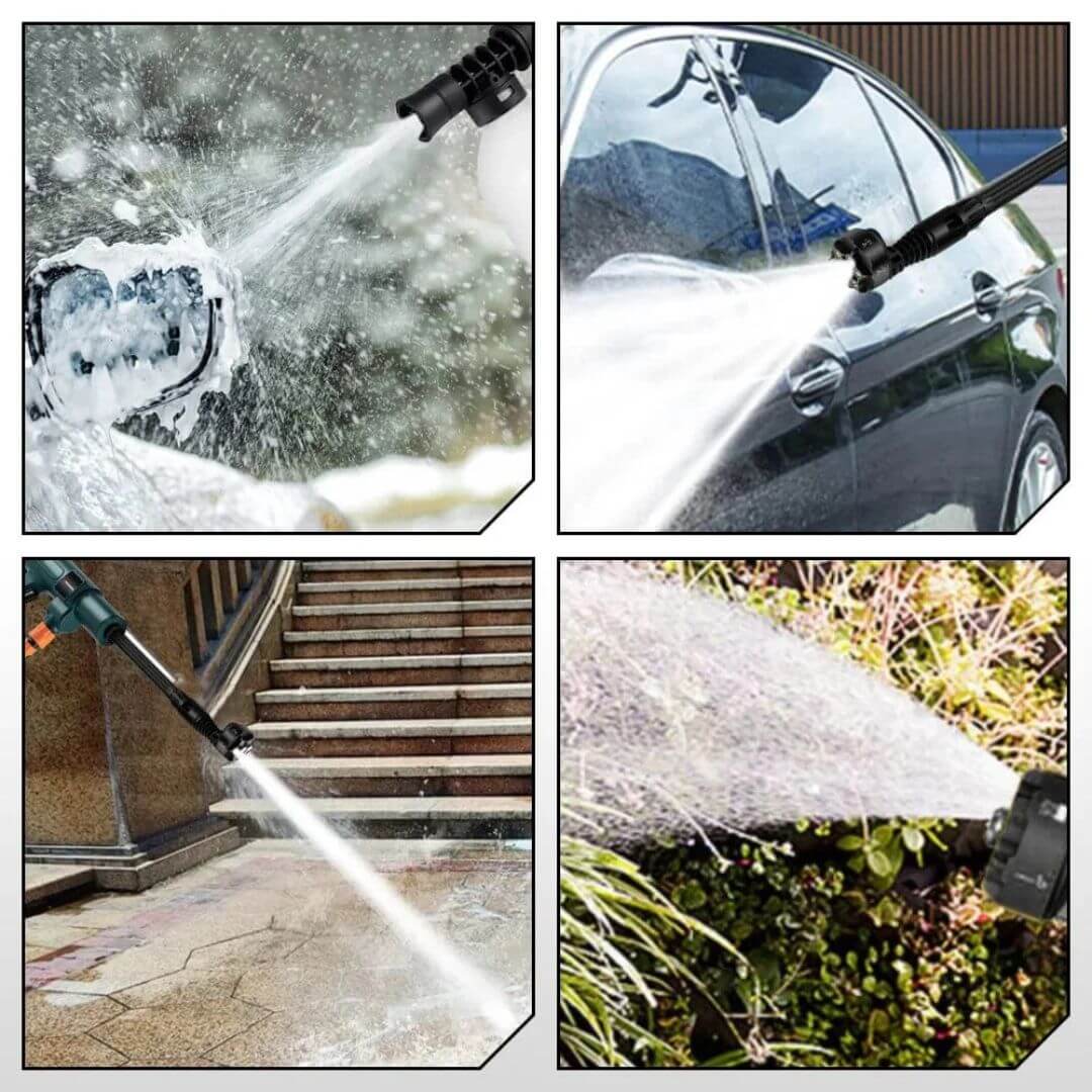 Flexibler HydroSwift Akku Hochdruckreiniger mit Multifunktionsdüse für diverse Haus & Garten Reinigungsaufgaben.