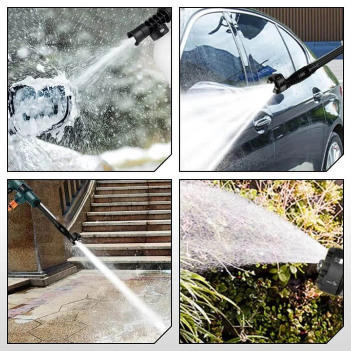 Flexibler kabelloser Hochdruckreiniger HydroSwift für schnelle Autopflege, Felgenreinigung & Gartenbewässerung.