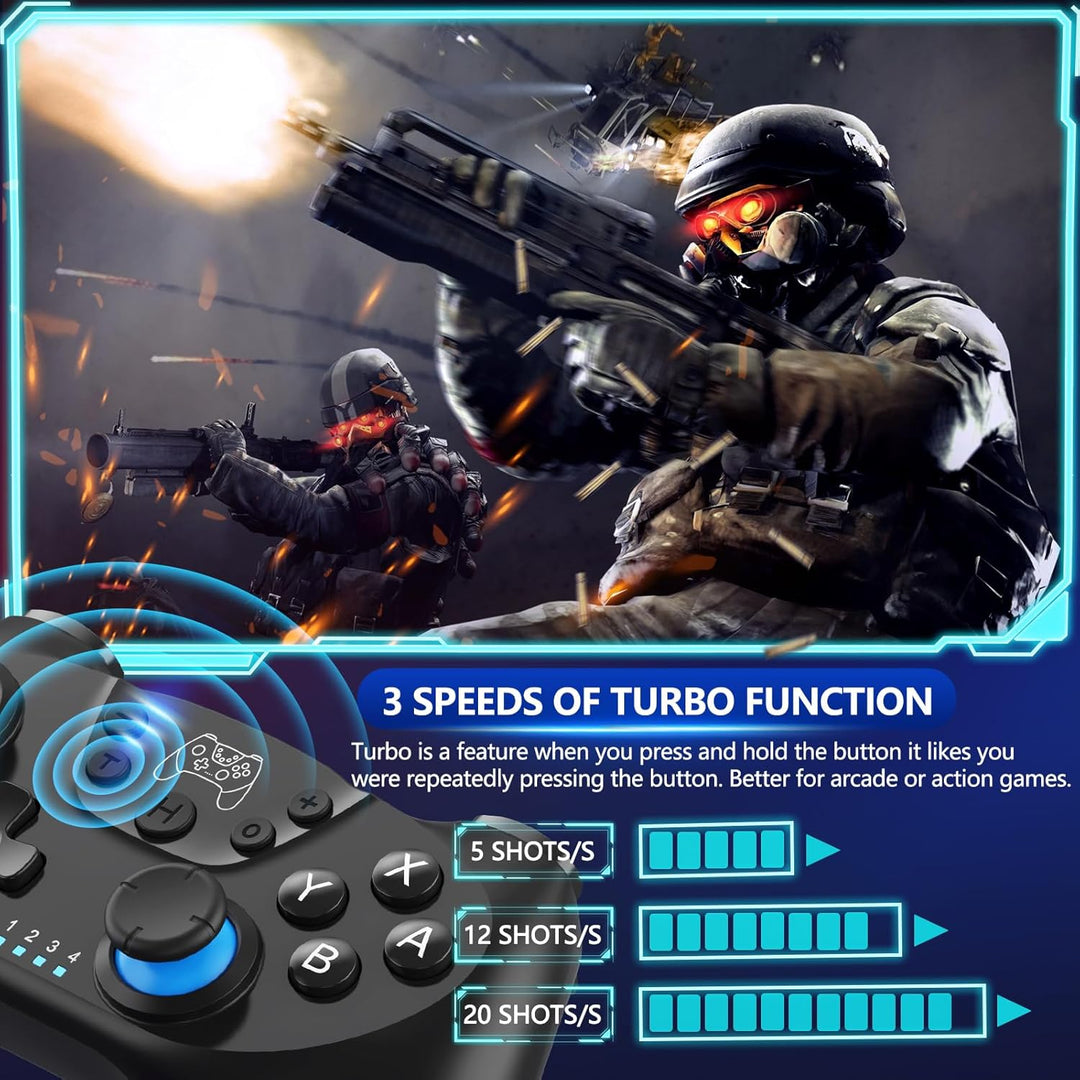 Langlebiger kabelloser Switch Controller mit Hall-Effekt Joysticks und Turbo für intensives Gaming.