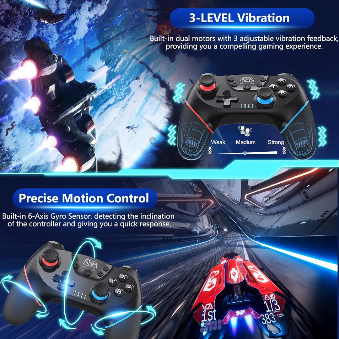 Kabelloser Nintendo Switch Controller mit Hall-Effekt Joysticks neben Konsole, bereit zum Spielen.