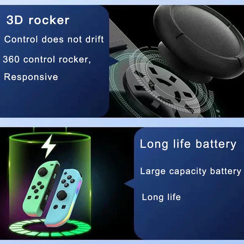 Vorderansicht des kabellosen Switch Controllers mit leuchtender RGB-Beleuchtung. Ergonomisches Design für Nintendo Switch Gaming.