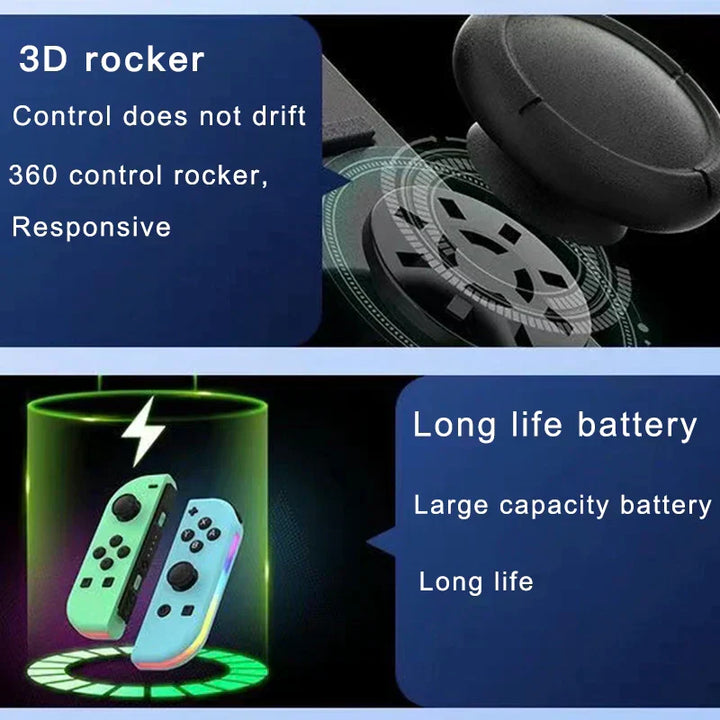 Vorderansicht des kabellosen Switch Controllers mit leuchtender RGB-Beleuchtung. Ergonomisches Design für Nintendo Switch Gaming.