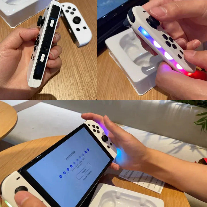 Kabelloser Switch Controller in der Hand eines Gamers. RGB-Lichteffekte & komfortables Design für Nintendo Switch Spielerlebnisse.