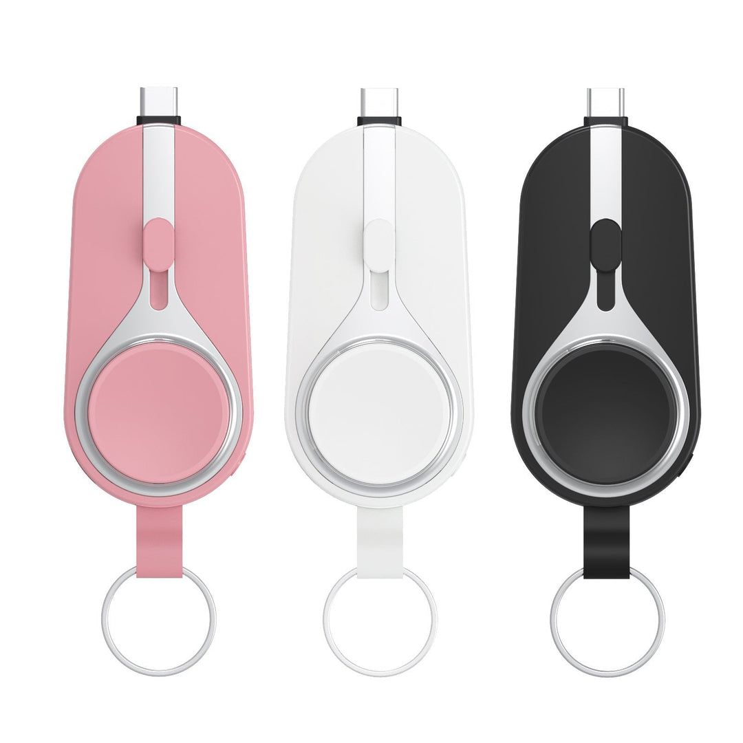 Weißer VoltClip Ladeclip, wasserdicht, für iPhone & Smartwatch. Robustes Outdoor-Ladezubehör, mobil.