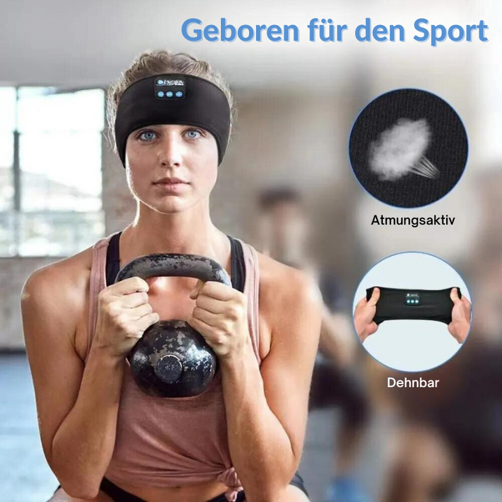 Komfortables kabelloses Bluetooth-Stirnband mit integrierten Kopfhörern. Perfekt für Schlaf, Sport und entspannte Musik.