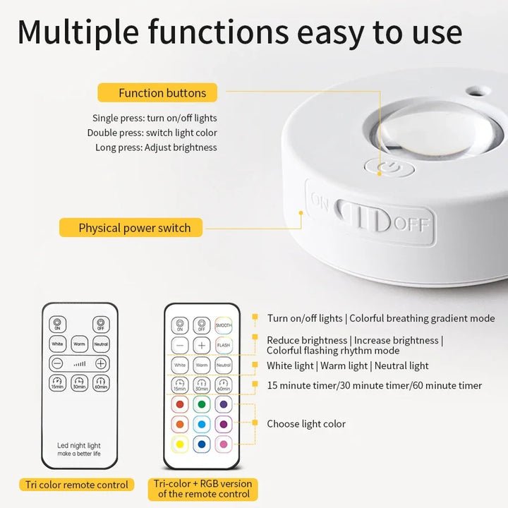 Kompaktes kabelloses LED Spotlicht für Stimmungslicht; dimmbar, Farbwechsel, mit Fernbedienung & USB-C.