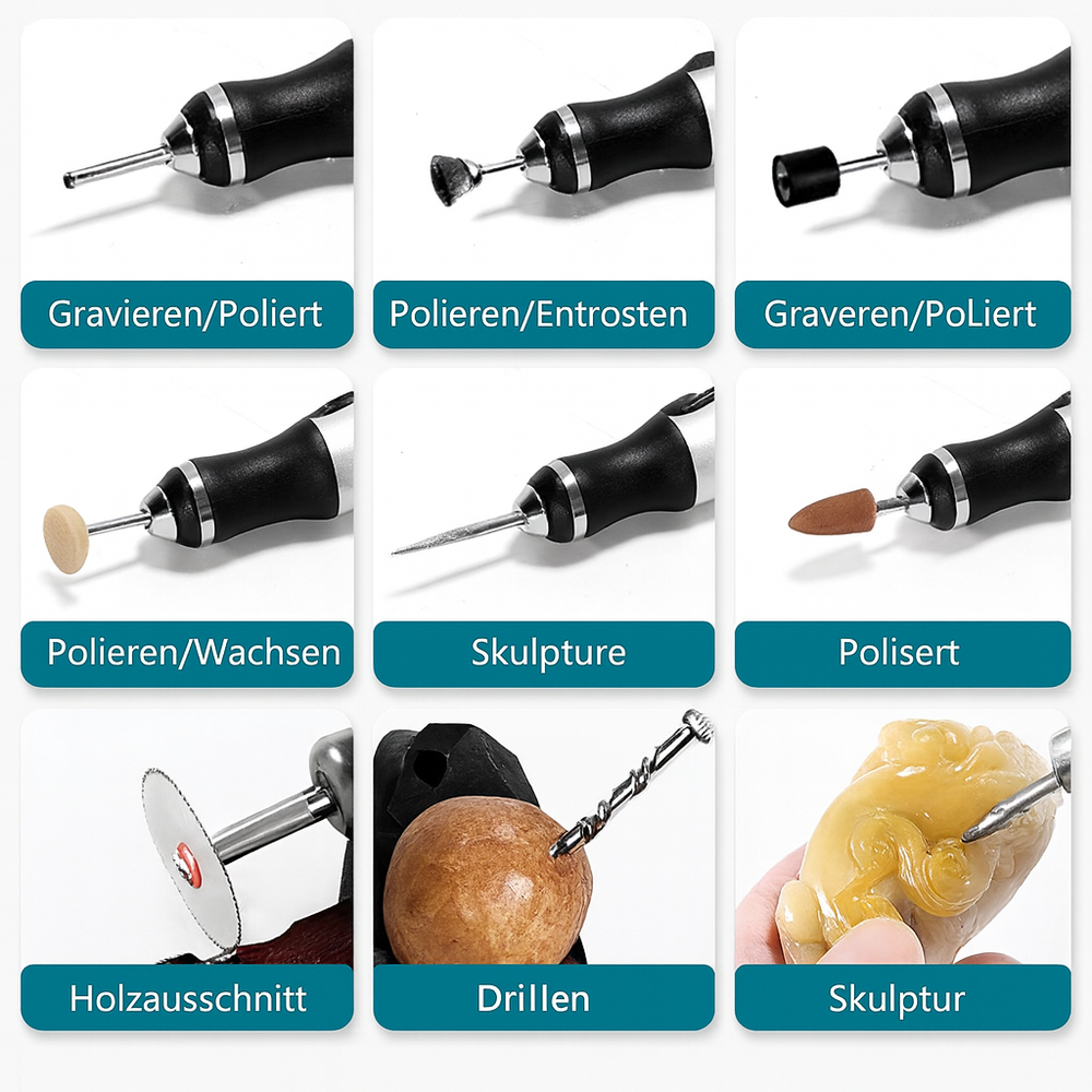 Vielseitiges kabelloses Präzisionswerkzeug für feine Holzbearbeitung, Gravieren & Schleifen. Perfekt für Hobby & Handwerk.