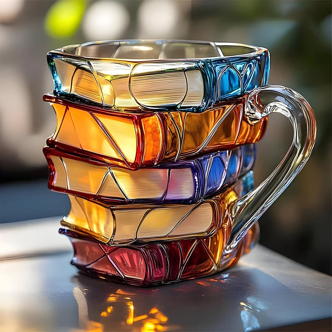 Kaffeebecher 3D Buch Design, handgefertigt und bunt. Diese einzigartige Harztasse ist perfekt für Bücherliebhaber.