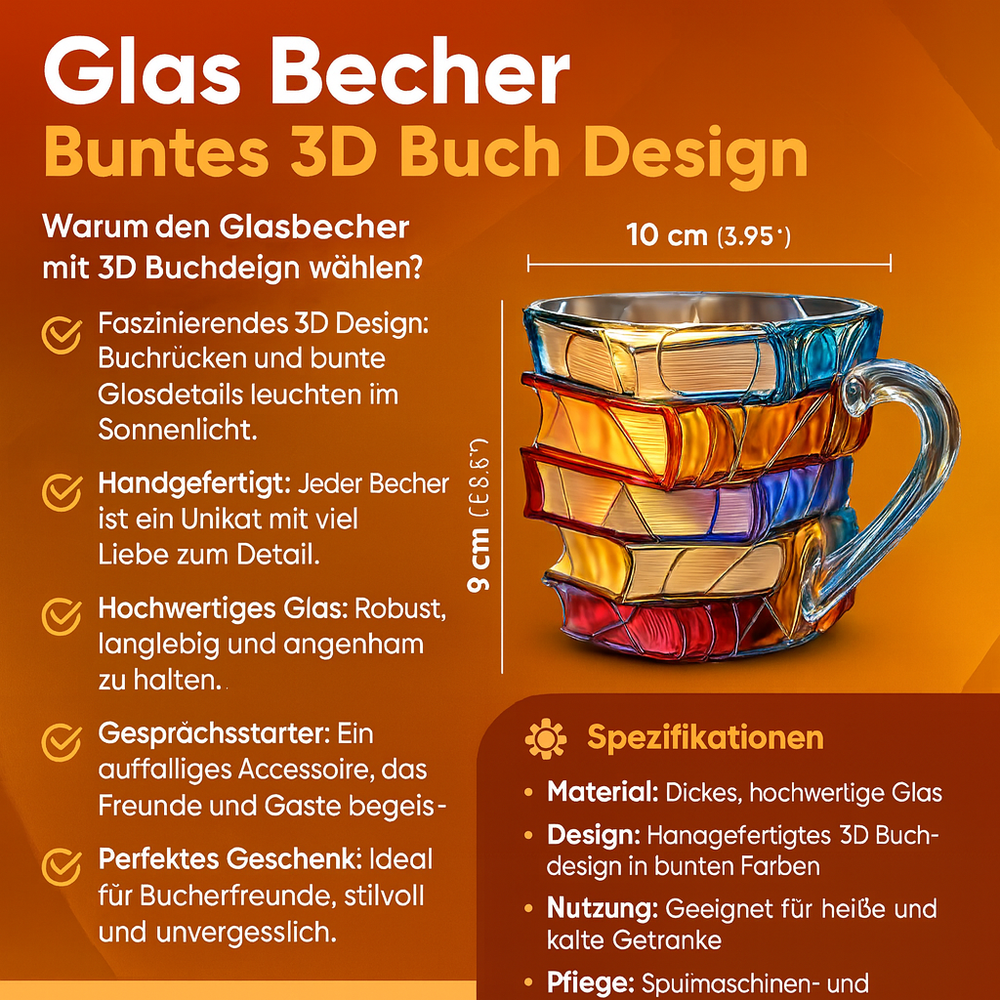 Einzigartiger, bunter 3D Buch Design Kaffeebecher aus Harz. Handgefertigtes Unikat für gemütliche Lesestunden.